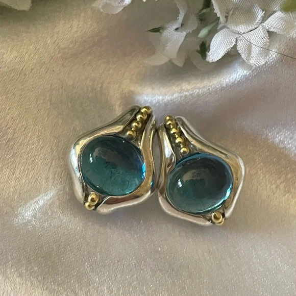 Sold Lagos 925/18k London Blue Topaz Cabochon French Back Earrings - Picture 1 of 2